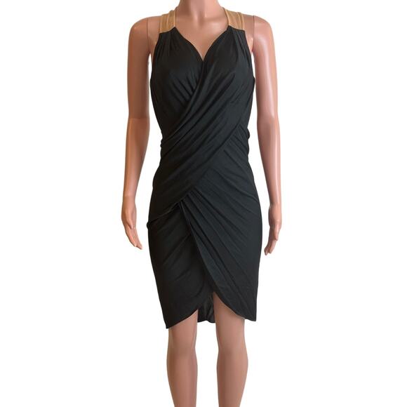 Alexander Wang Draped Cocktail Dress Womens 4 Black Tan Mesh Open Back Bodycon - Picture 1 of 14